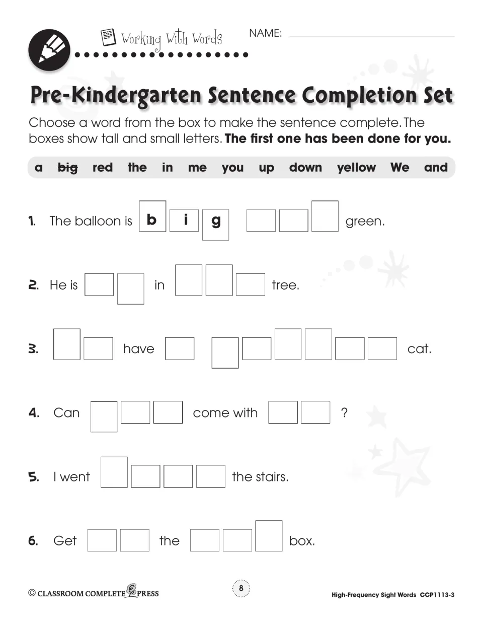 Pre-Kindergarten cloze set: students pick big, red, up or down from a word bank to finish six sentences by letter shape