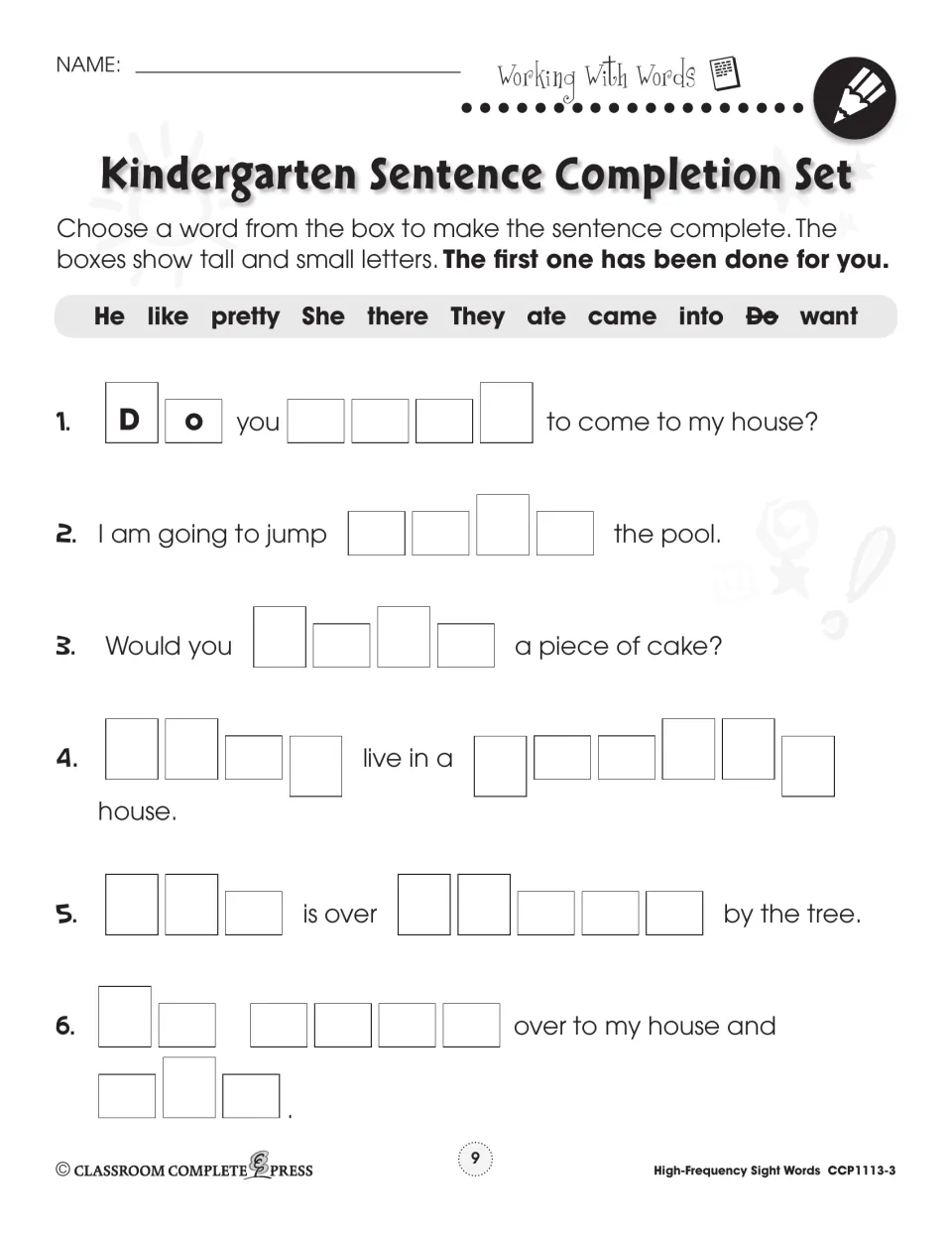 Kindergarten cloze set: students choose words such as want, into, like and They to complete six sentences by letter shape