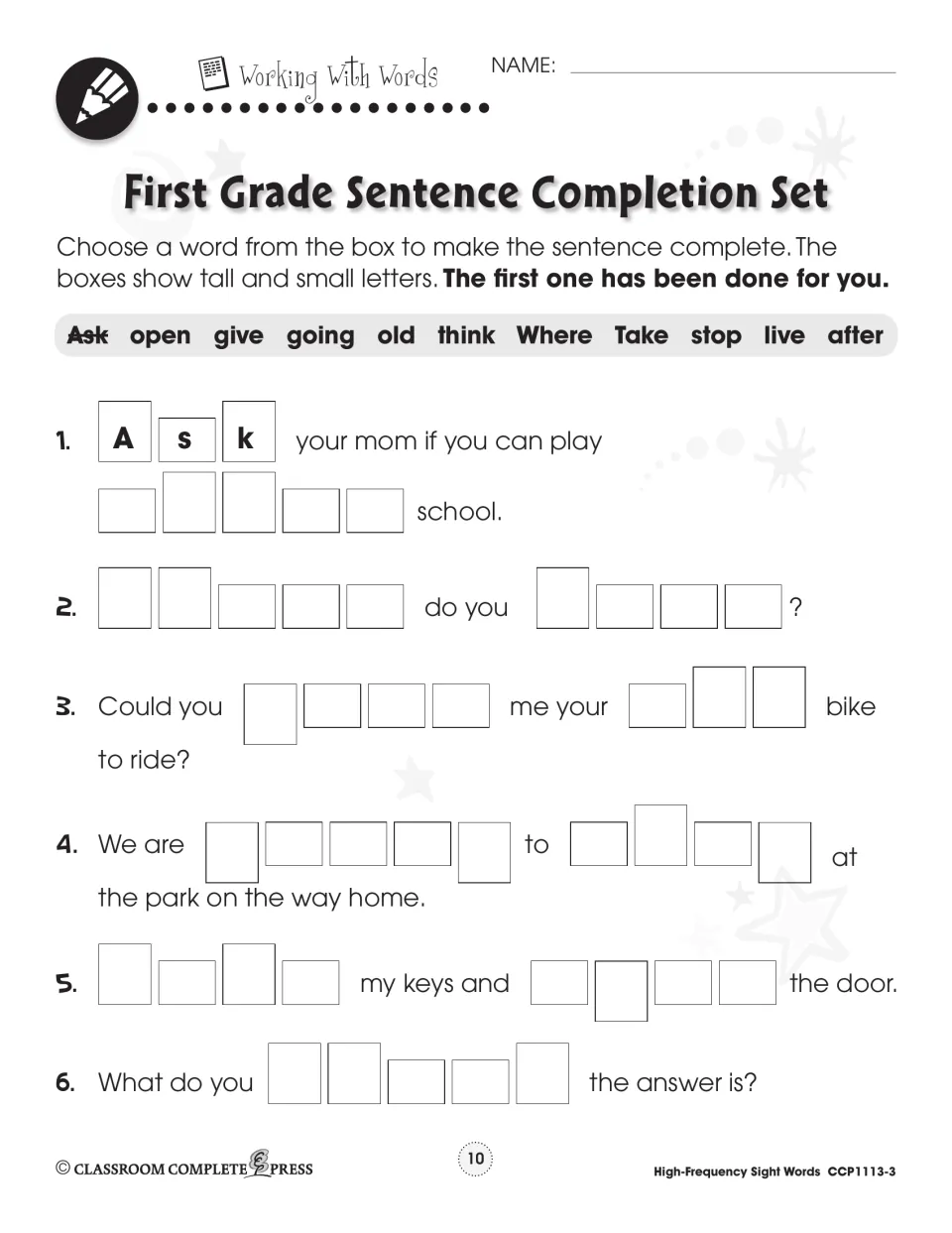 First Grade cloze set: students use after, Where, give and open to fill six sentences, matching tall and small letters