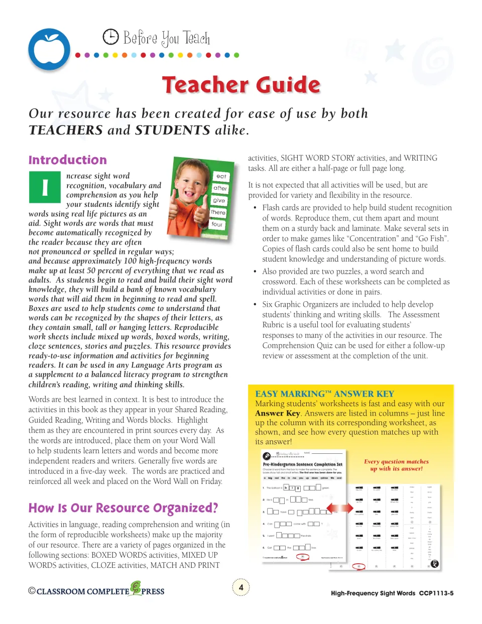 Teacher guide explaining sight words, letter-shape boxes, flash card games, puzzles and the column-style answer key