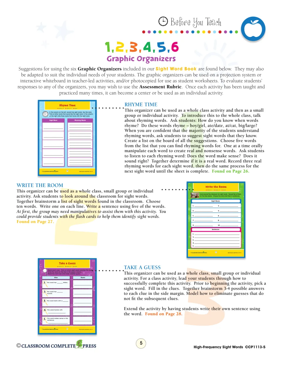 Graphic organizer guide for Rhyme Time, Write the Room and Take a Guess, with steps and a thumbnail of each sheet