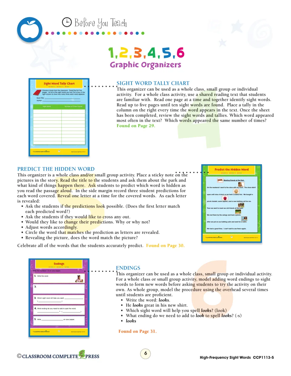 Graphic organizer guide for Sight Word Tally Chart, Predict the Hidden Word and Endings, with steps for each activity