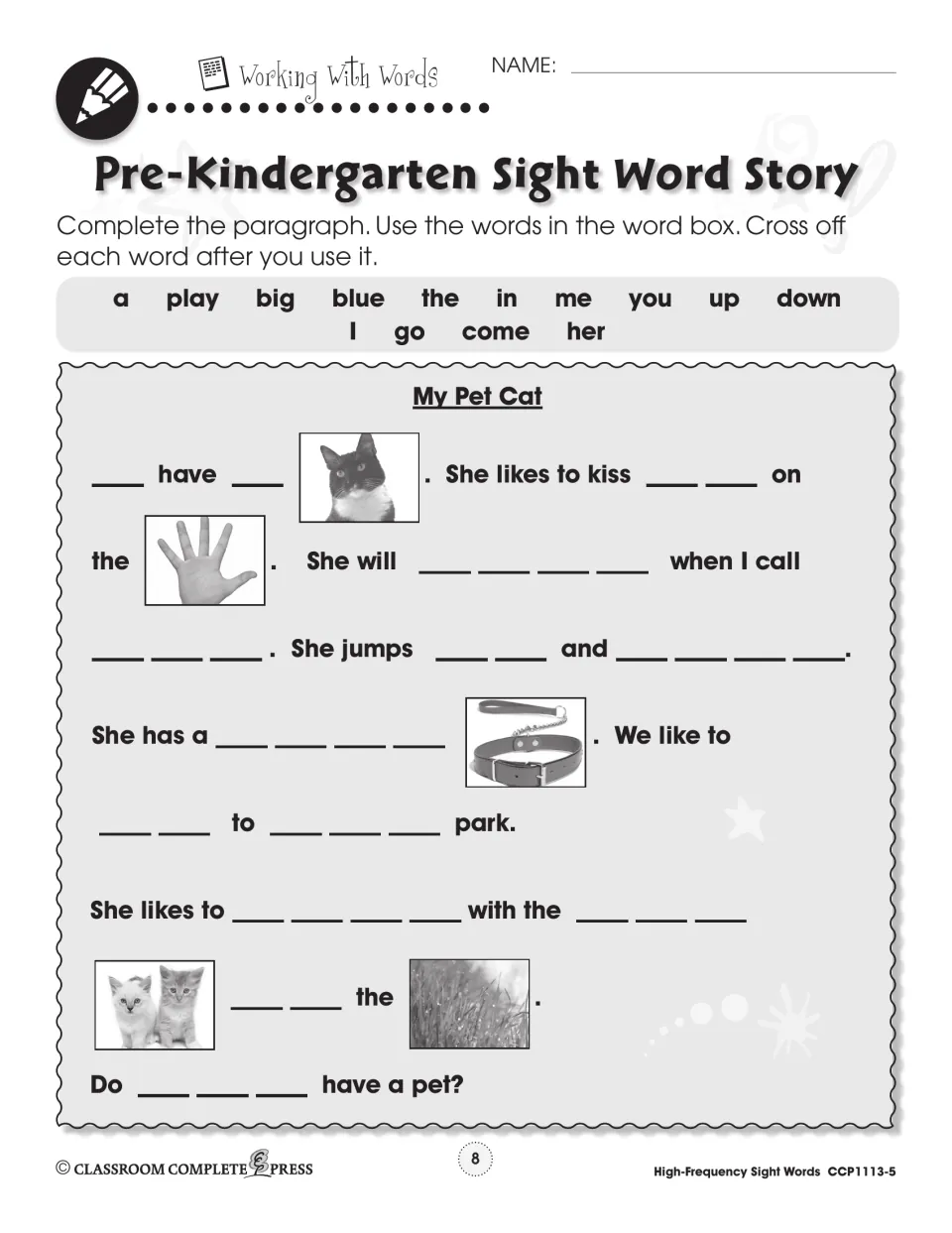 My Pet Cat cloze story: students fill blanks with Pre-K sight words like play, big and down, using photo clues