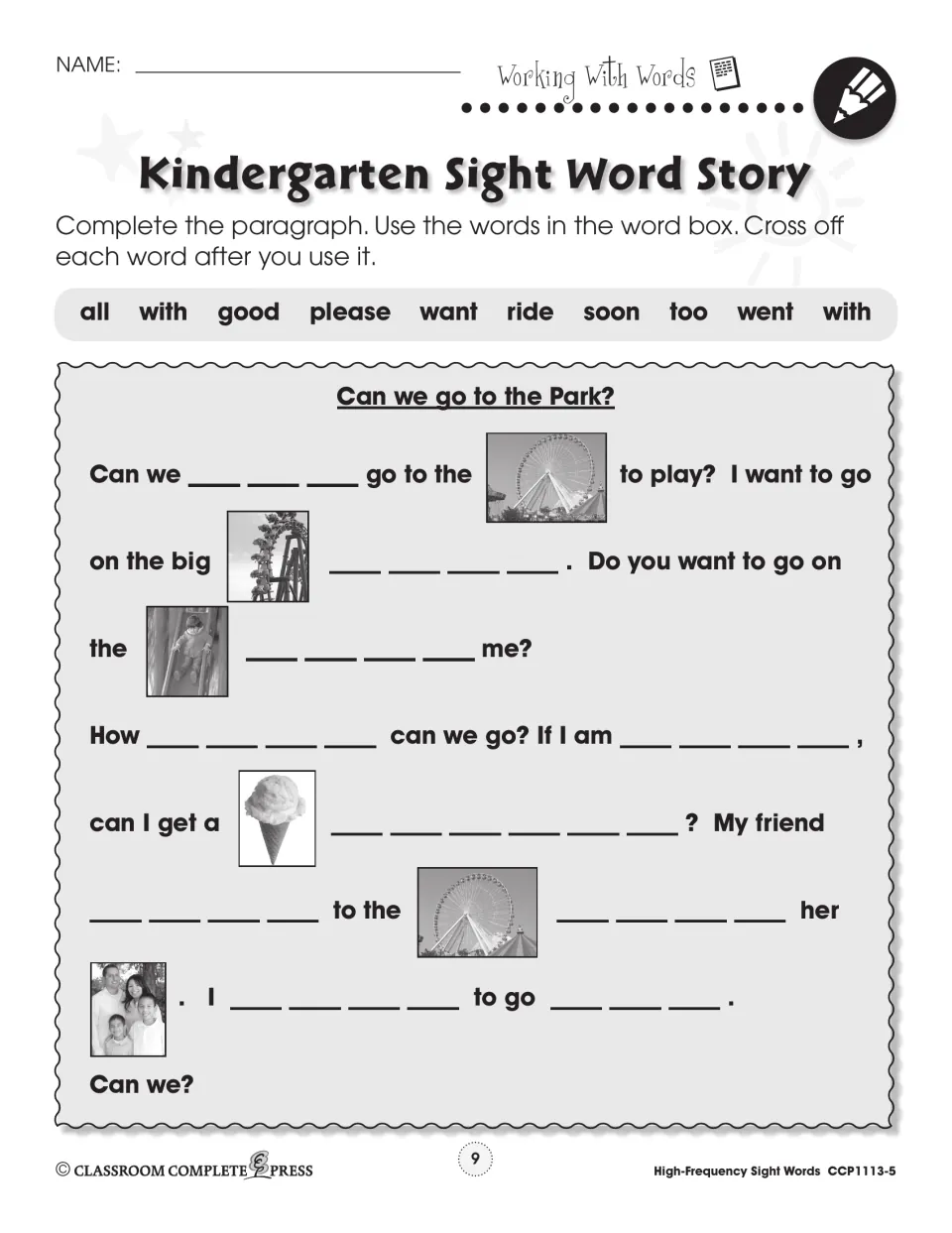 Can we go to the Park? cloze story: students complete it with kindergarten sight words such as ride, soon and please