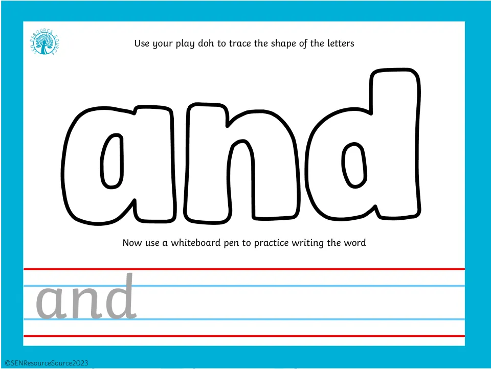 Sight word and: students shape play dough along the outlined letters, then write and with a whiteboard pen to practice