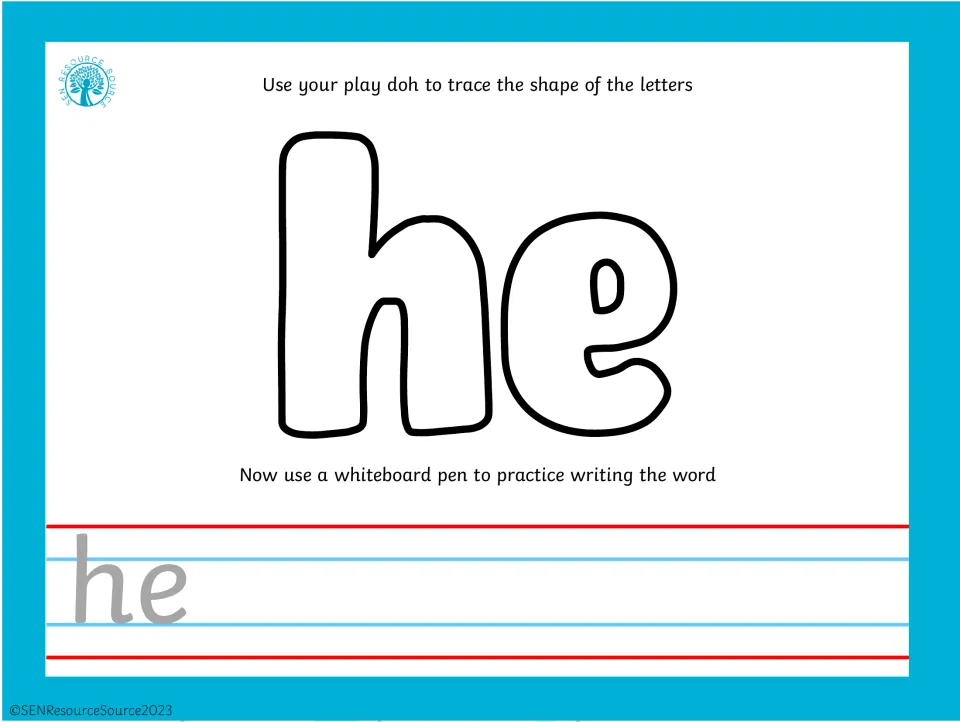 Sight word he: students trace the two outlined letters with play dough, then practice writing he in whiteboard pen
