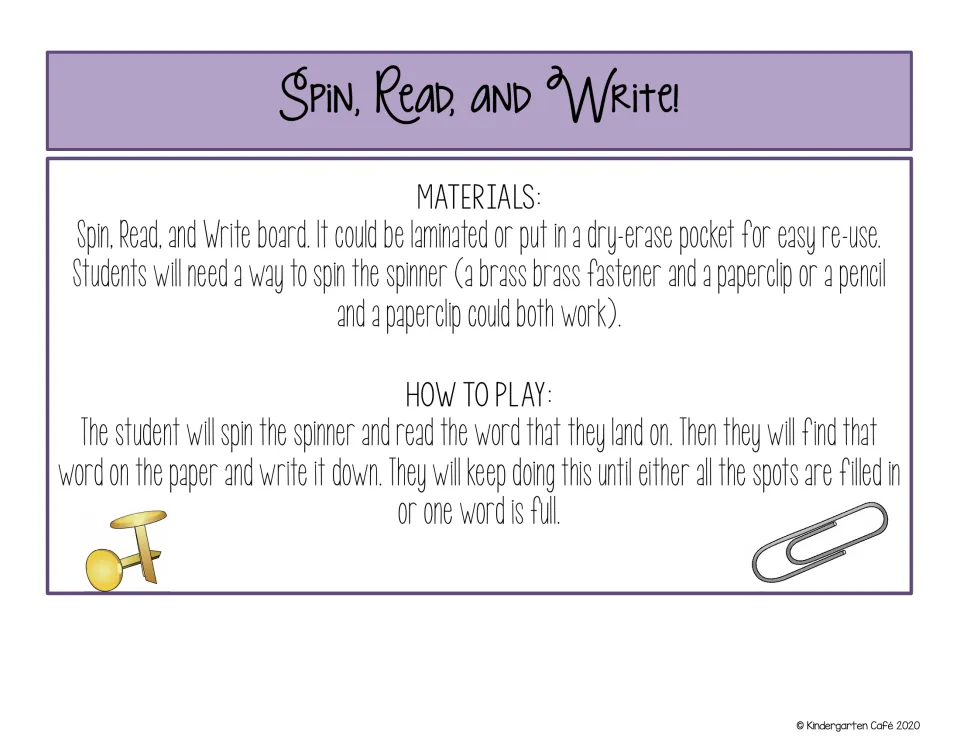 Spin, Read, and Write directions explain how to make a spinner, read the selected word, and write it repeatedly