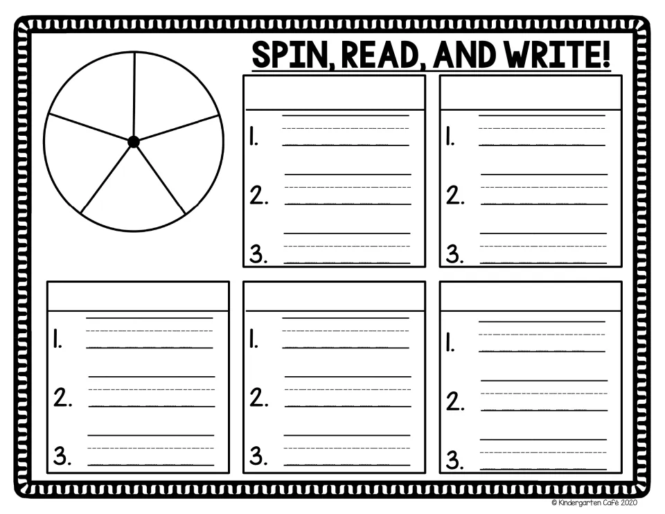 Blank Spin, Read, and Write practice template has a five-part spinner and space to write each word three times