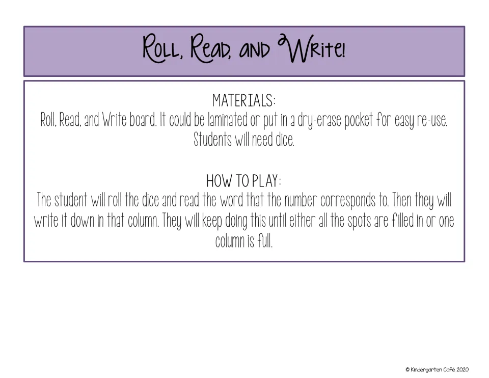 Roll, Read, and Write directions tell students to roll dice, read the matching word, and write it repeatedly