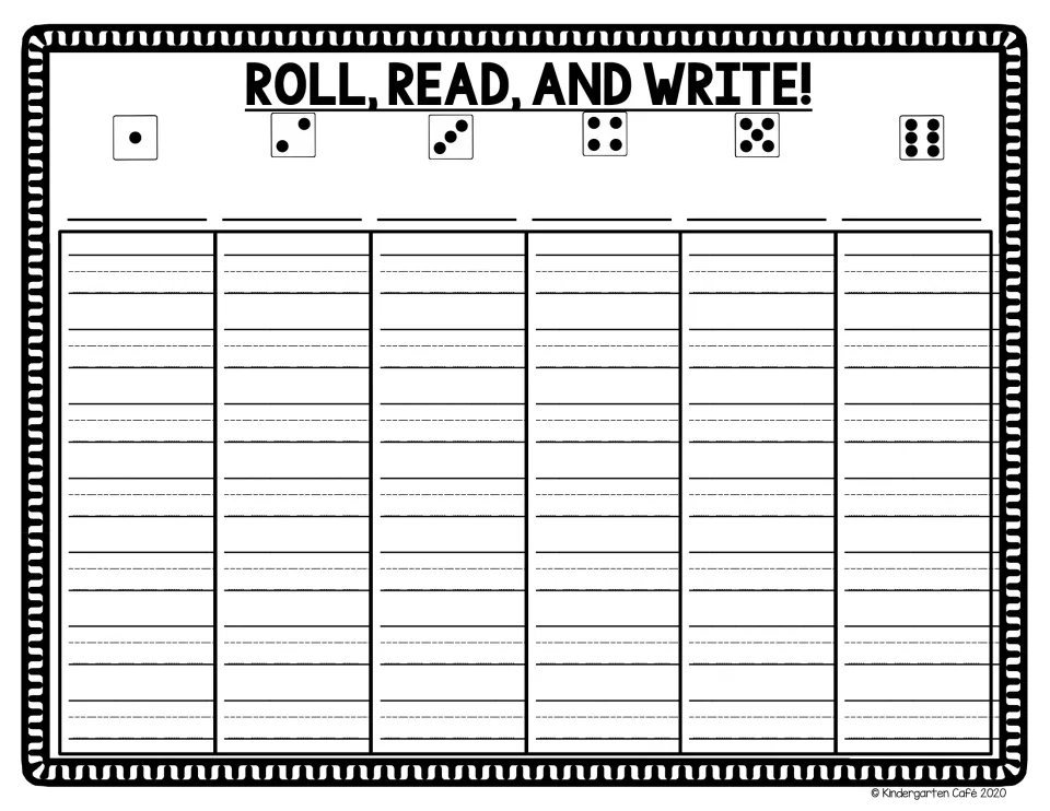 Blank Roll, Read, and Write template pairs die values 1–6 with spaces to add words for repeated writing