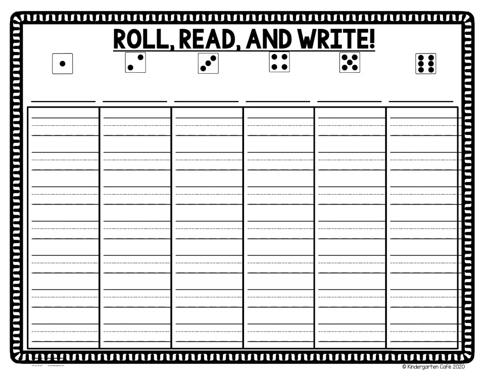 Additional Roll, Read, and Write template shows die values 1–6 for adding words to read and write repeatedly