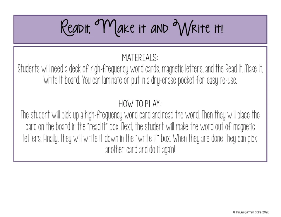 Read It, Make It, and Write It directions explain reading a word card, building it with magnets, and writing it