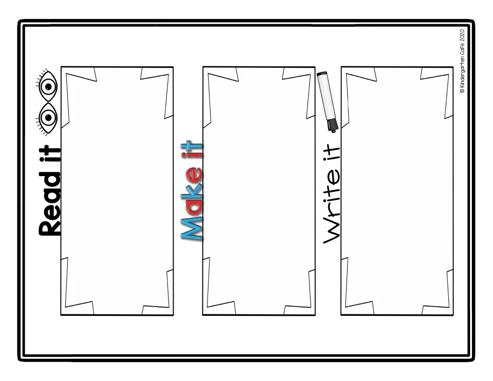Read It, Make It, Write It practice mat provides places for a word card, magnetic letter building, and writing