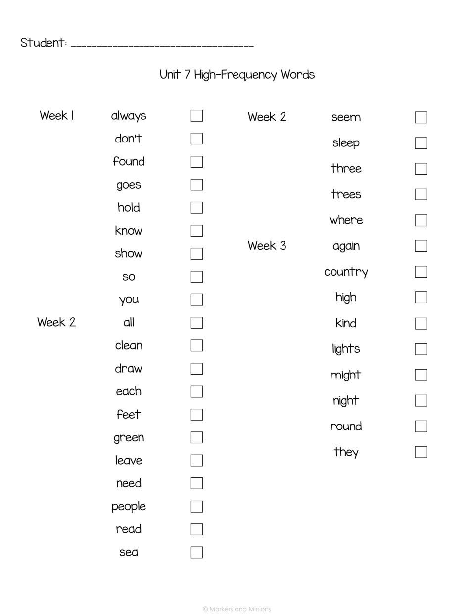 Unit 7 high-frequency word checklist: words from always to they grouped by Week 1, 2 and 3, each with a box to check off