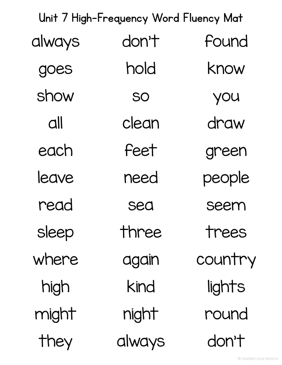 Unit 7 fluency mat: students read the unit's sight words, from always, don't and found to they