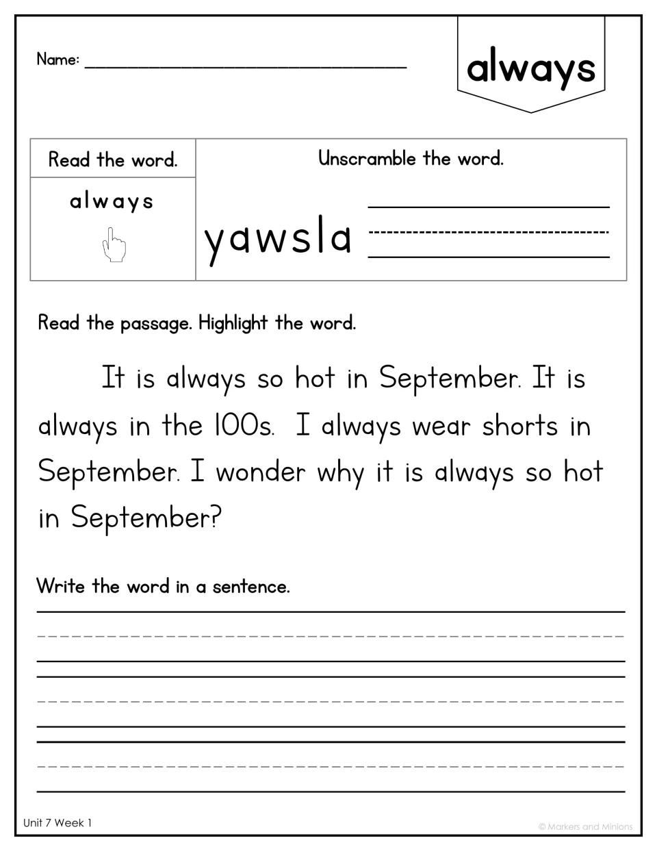 Sight word always: students unscramble yawsla, highlight always in a short passage about hot September days, then write it