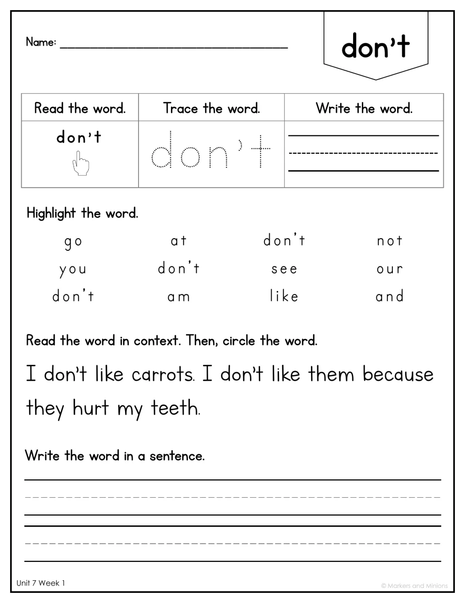 Sight word don't: students read, trace and write it, highlight it in a word set, circle it in carrot sentences and use it
