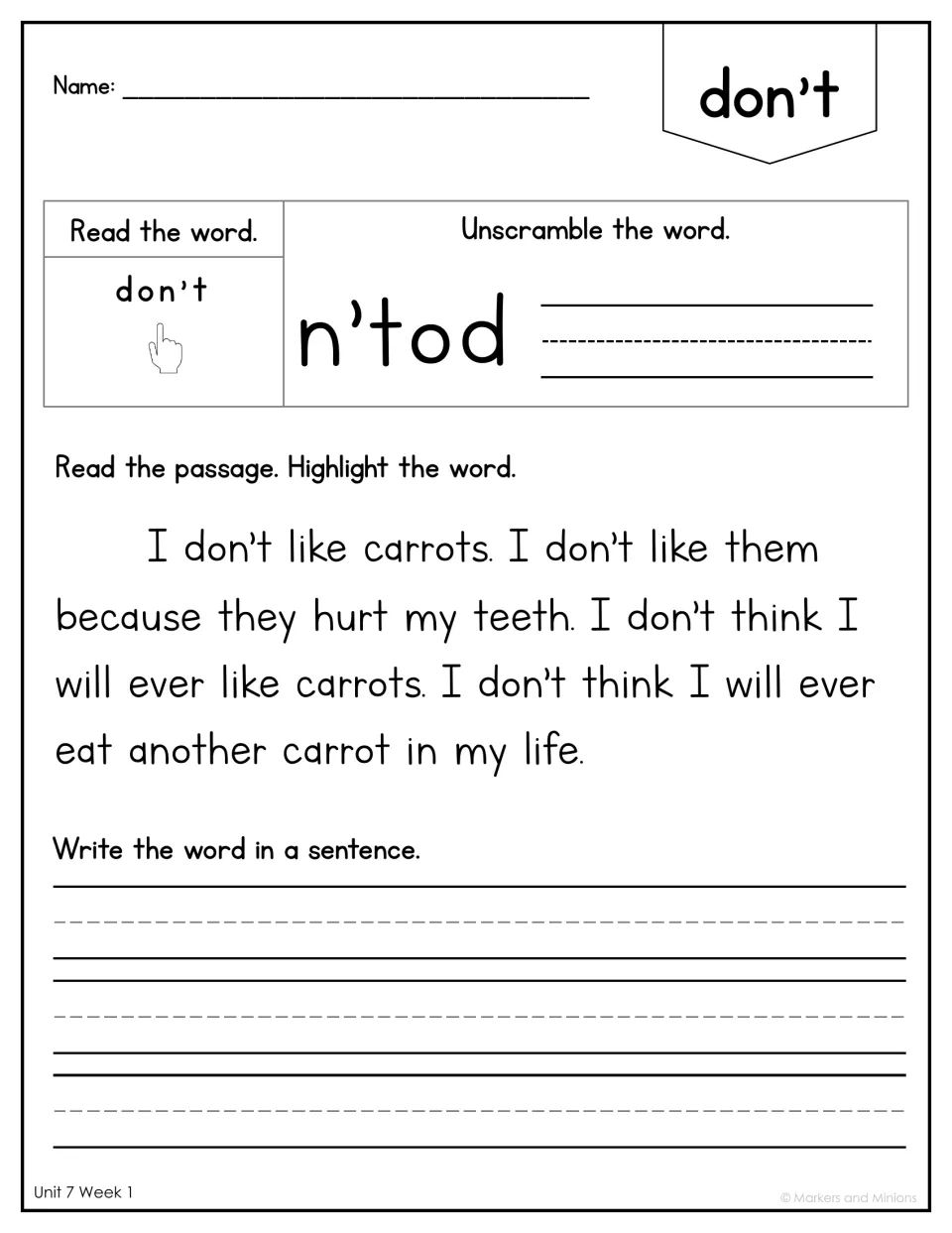 Sight word don't: students unscramble n'tod, highlight don't in a passage about disliking carrots, then write a sentence