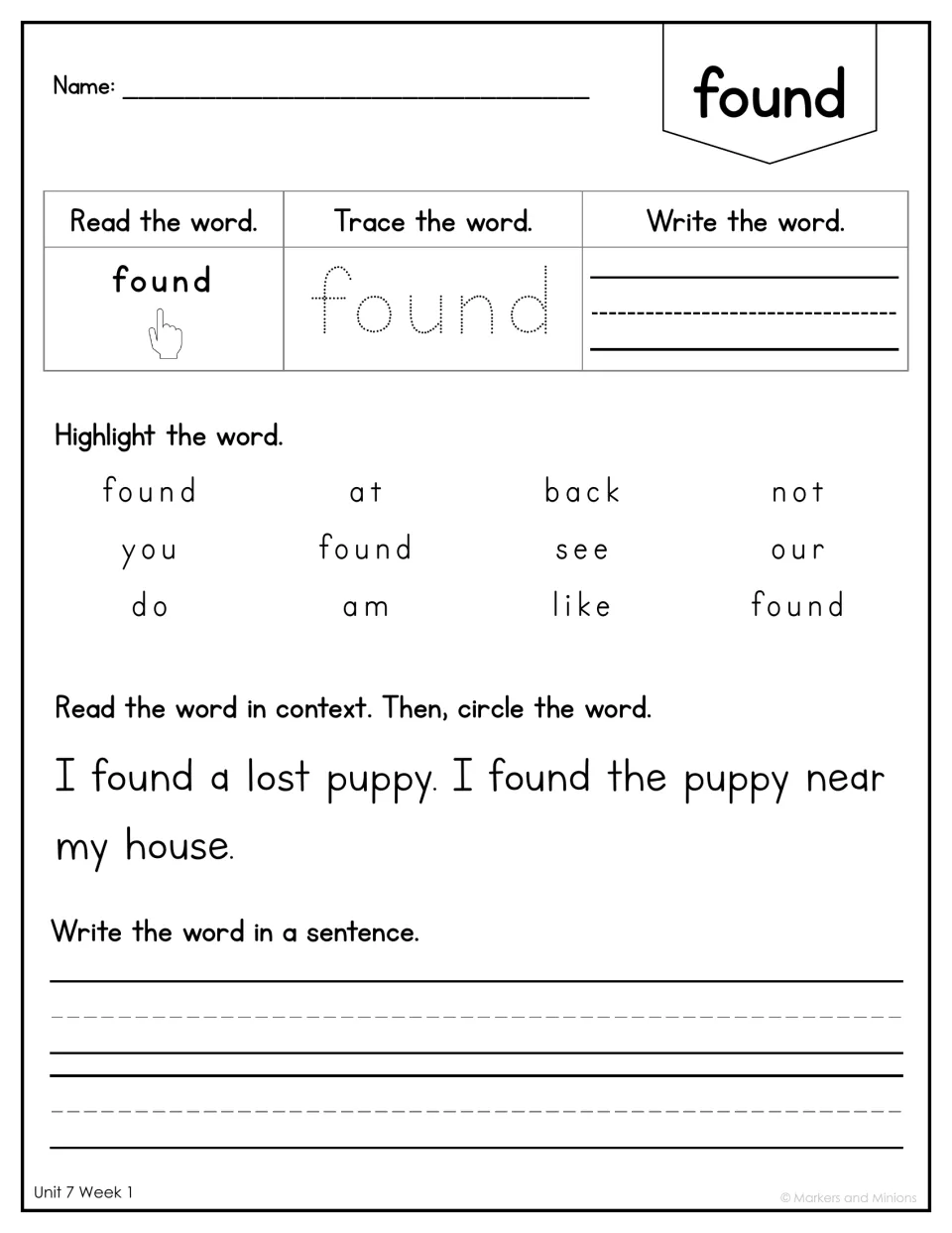 Sight word found: students read, trace and write it, highlight found among other words, circle it in a lost puppy sentence