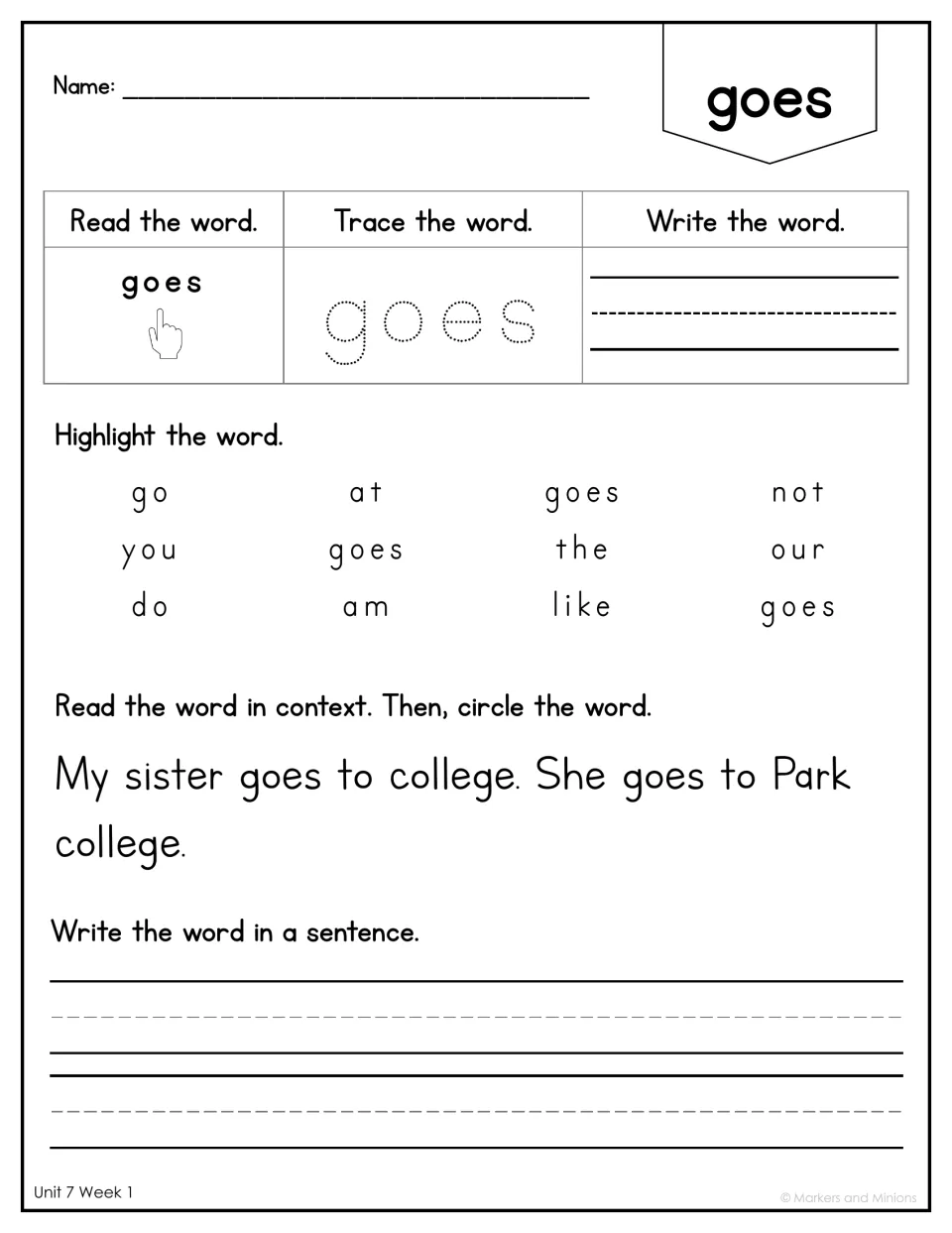 Sight word goes: students read, trace and write it, highlight goes among other words, circle it in two sentences