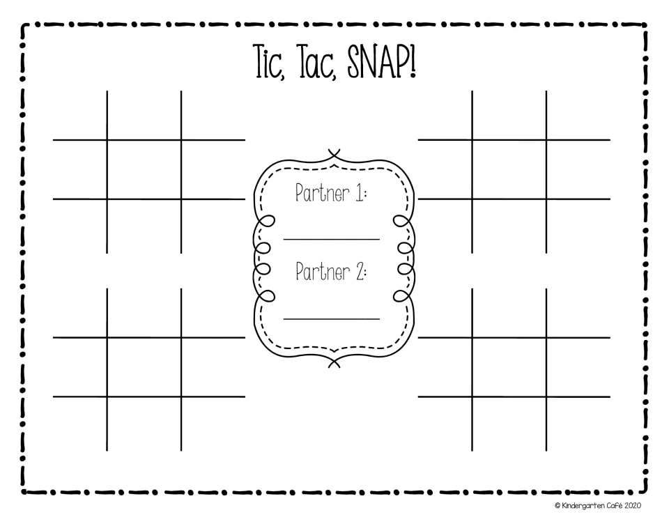 Tic, Tac, SNAP! board: Partner 1 and Partner 2 each write a high-frequency word, then play four tic-tac-toe rounds