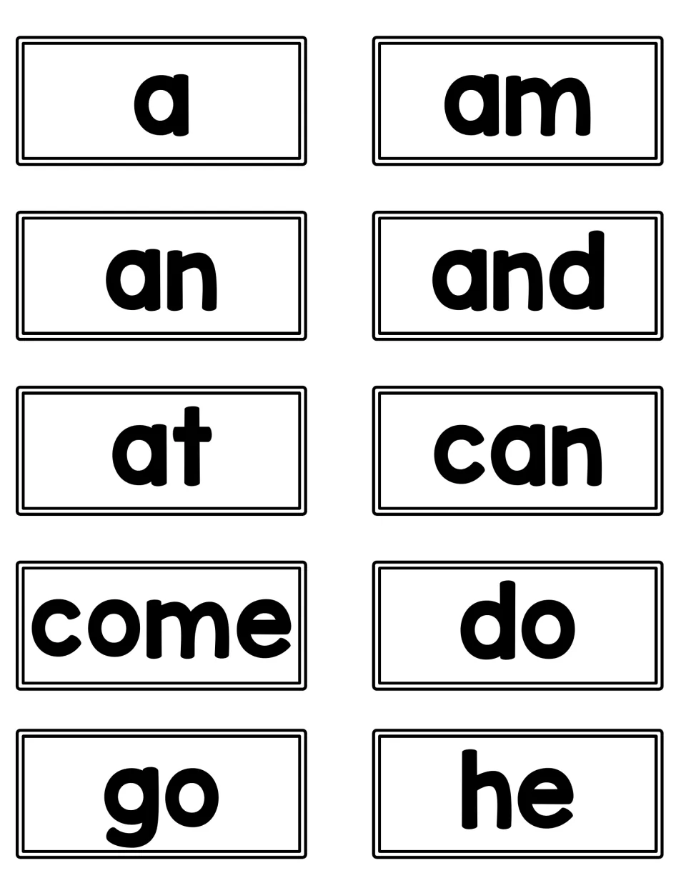 Fountas and Pinnell kindergarten word cards: a, am, an, and, at, can, come, do, go and he for sight-word reading