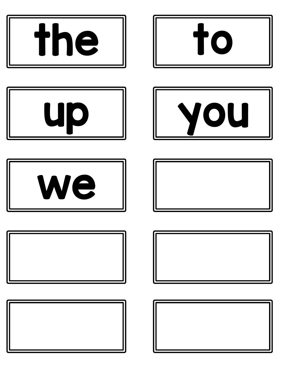 Last Fountas and Pinnell kindergarten cards: the, to, up, you and we, plus 5 blank flashcards for adding words