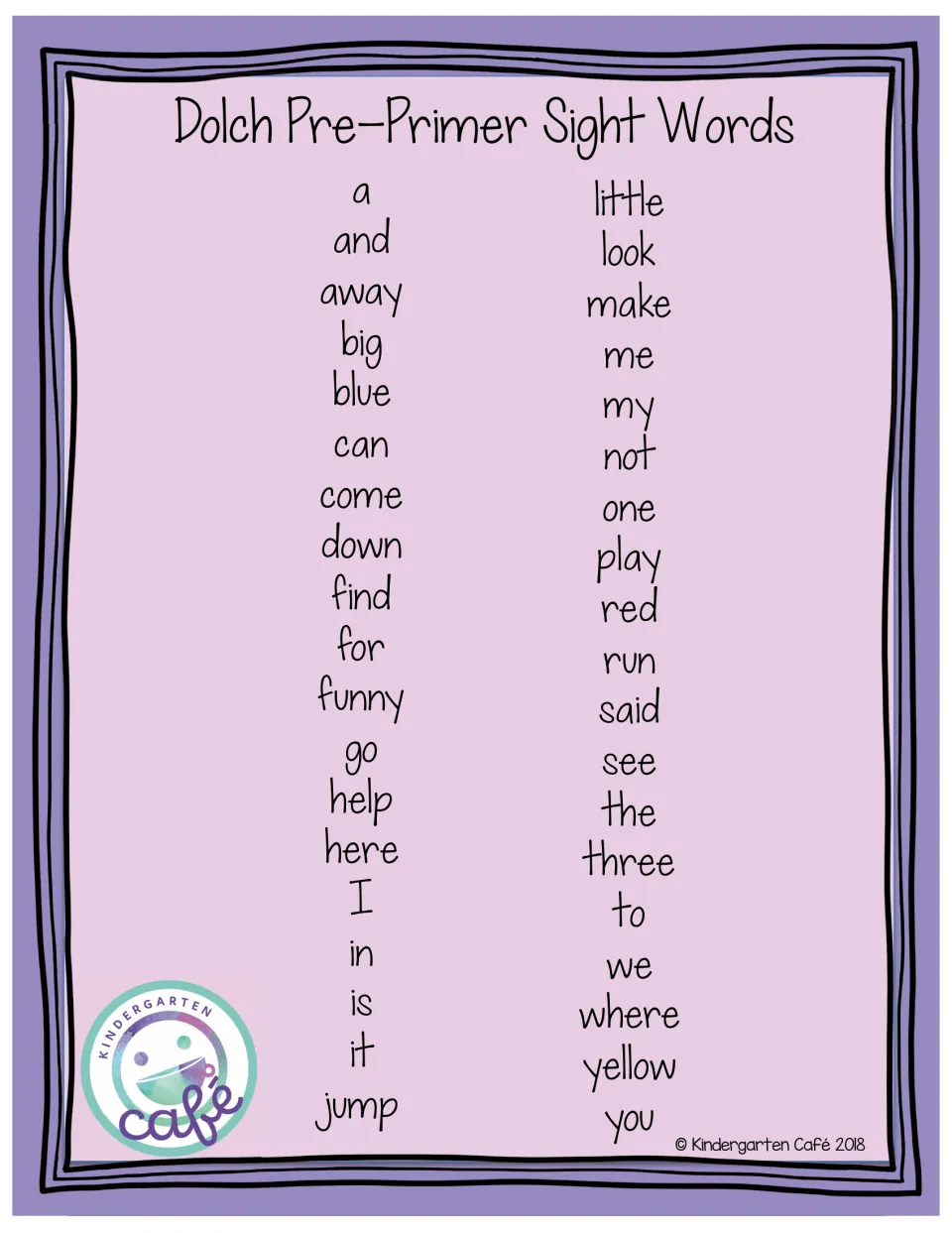 Dolch Pre-Primer Sight Words list: 40 words from a, and, away, big and blue through where, yellow and you