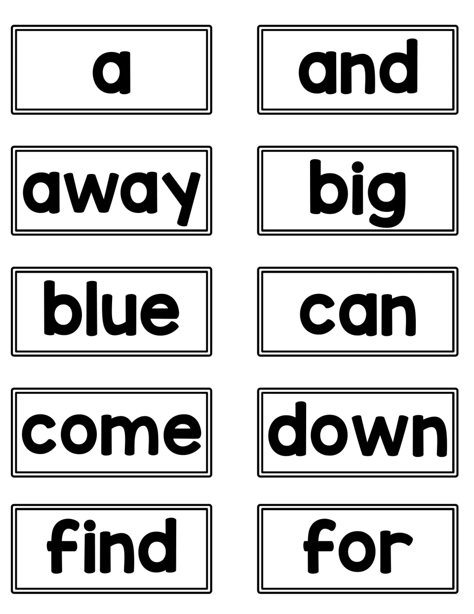 Dolch pre-primer word cards: a, and, away, big, blue, can, come, down, find and for, ten flashcards for sight reading