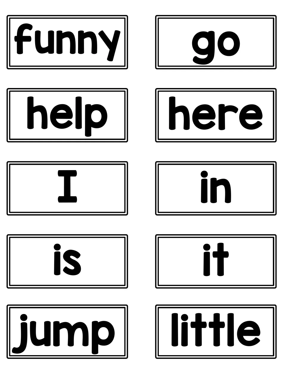 Dolch pre-primer word cards: funny, go, help, here, I, in, is, it, jump and little for practising sight-word recognition