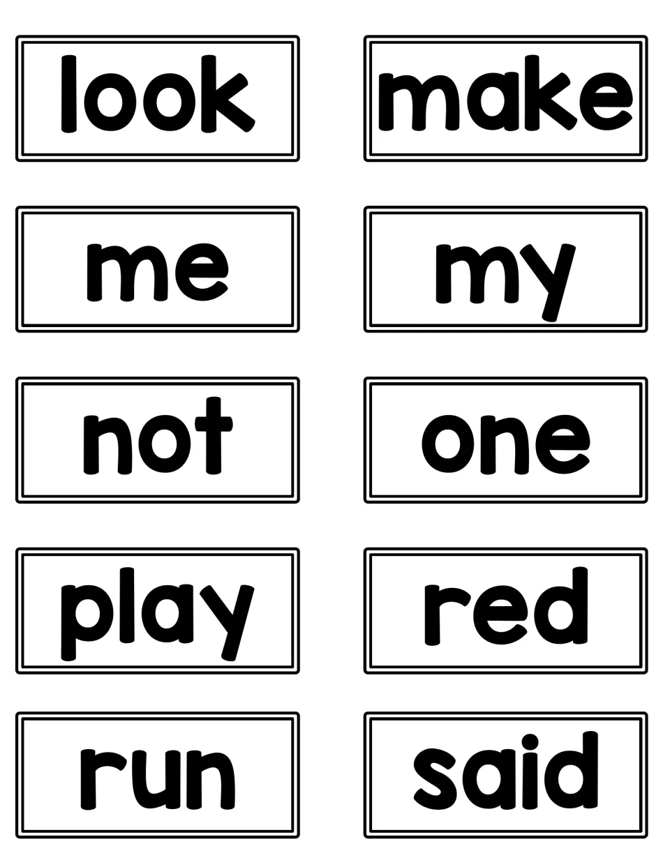 Dolch pre-primer word cards: look, make, me, my, not, one, play, red, run and said for quick sight-word recall drills