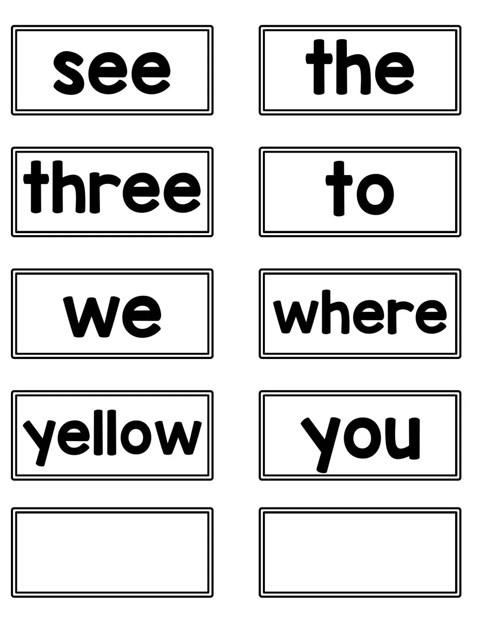 Dolch pre-primer word cards: see, the, three, to, we, where, yellow and you, plus 2 blank cards for extra words