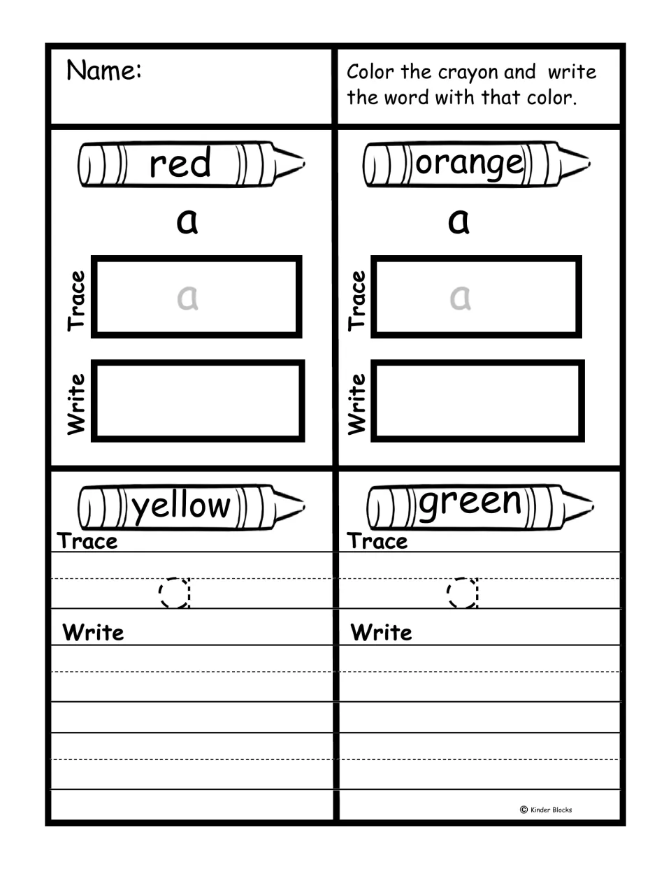 Sight word 'a' practice: color crayons red, orange, yellow, and green, then trace and write the word.