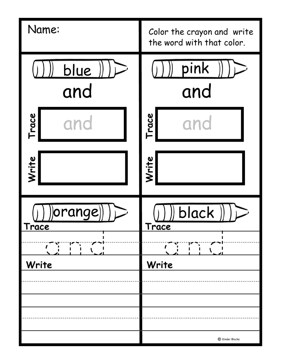 Sight word 'and' practice: color crayons blue, pink, orange, and black, then trace and write the word.