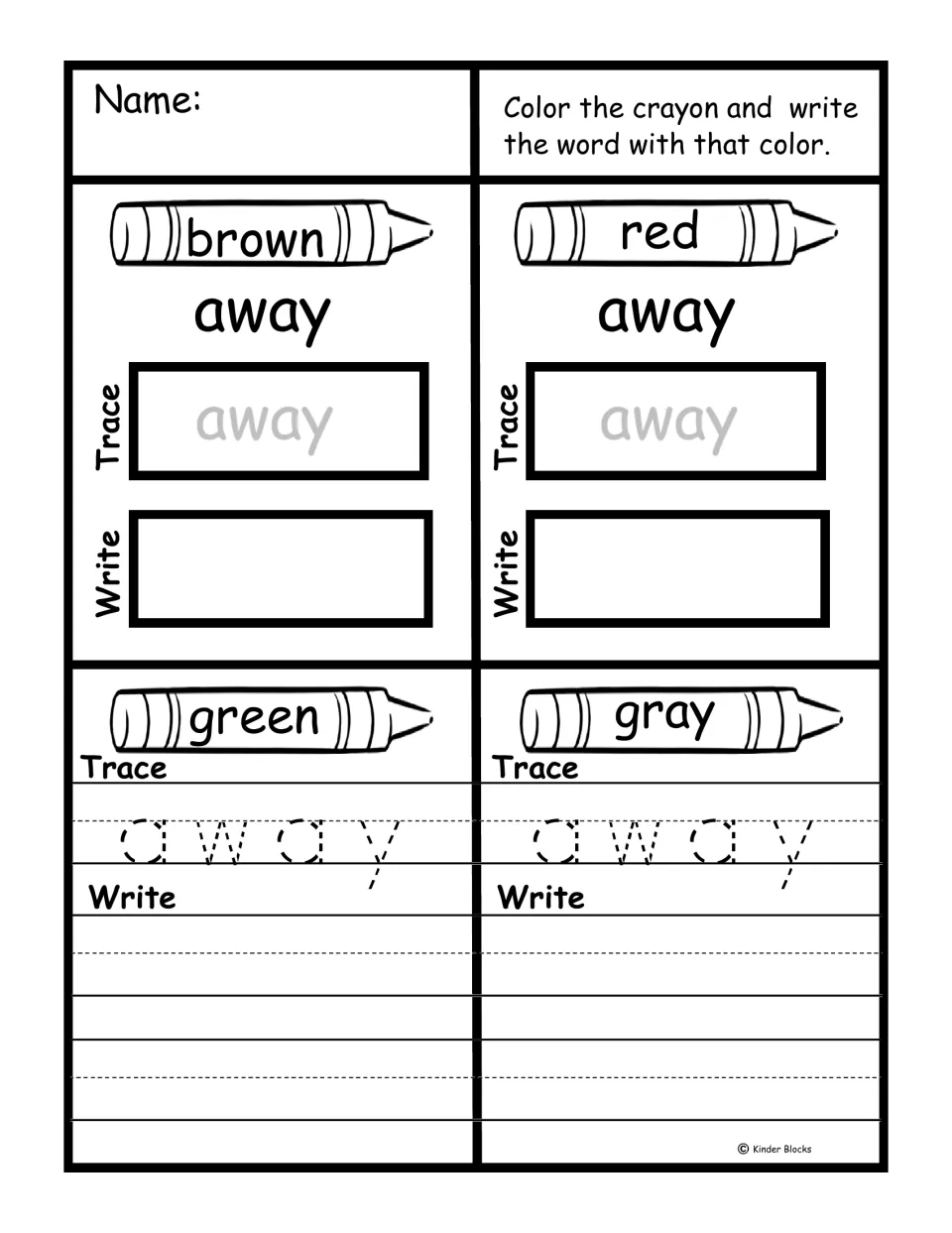 Sight word 'away' practice: color crayons brown, red, green, and gray, then trace and write the word.