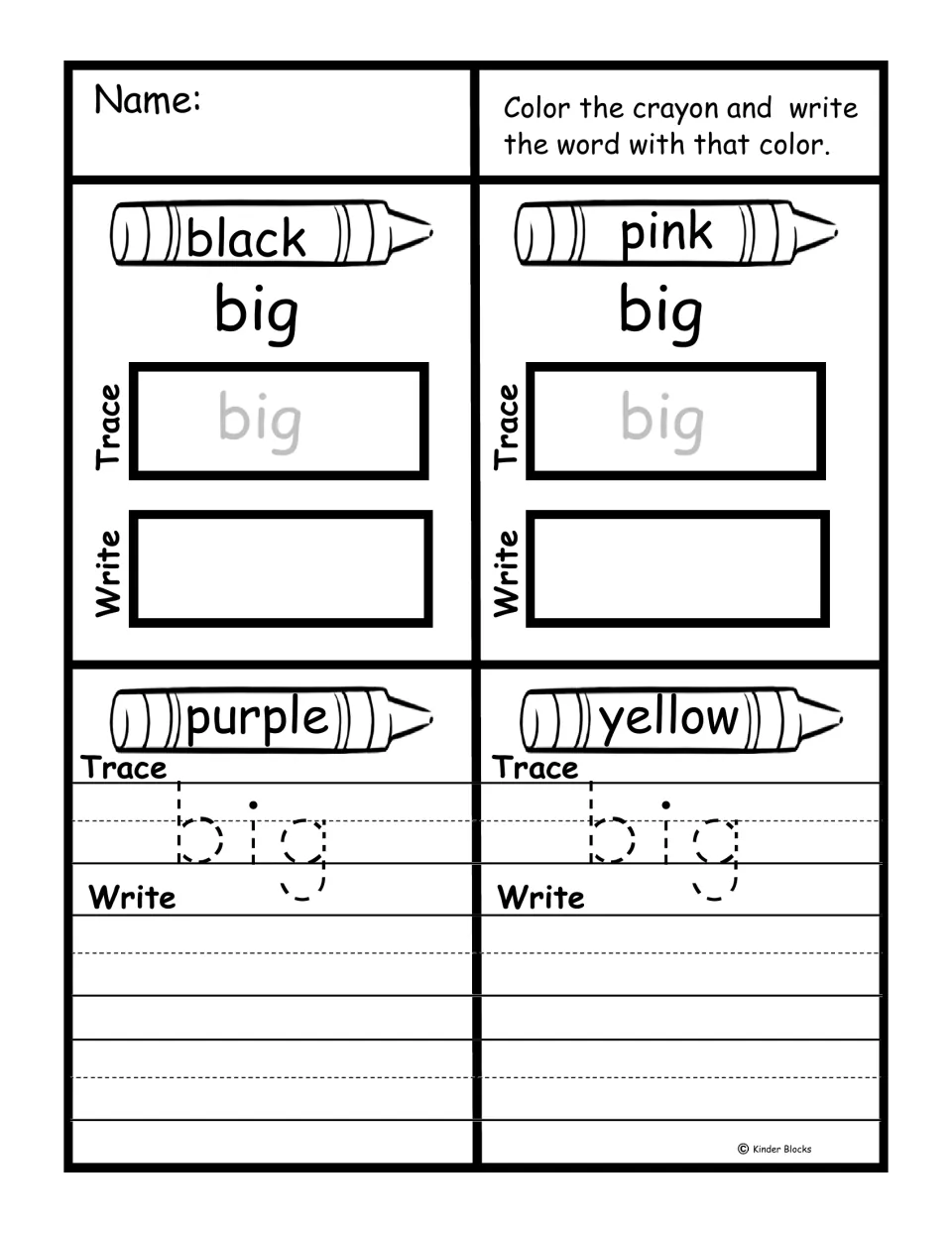 Sight word 'big' practice: color crayons black, pink, purple, and yellow, then trace and write the word.