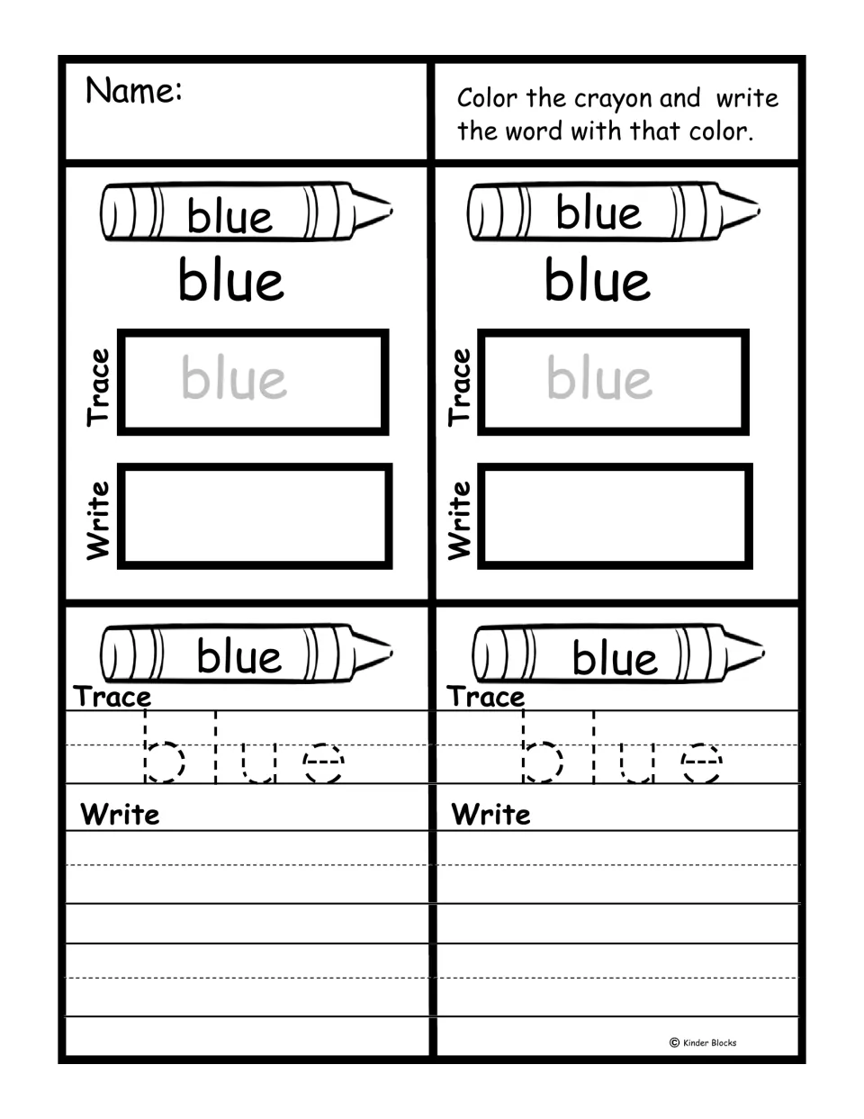 Sight word 'blue' practice: color all four crayons blue, then trace and write the word in blue.