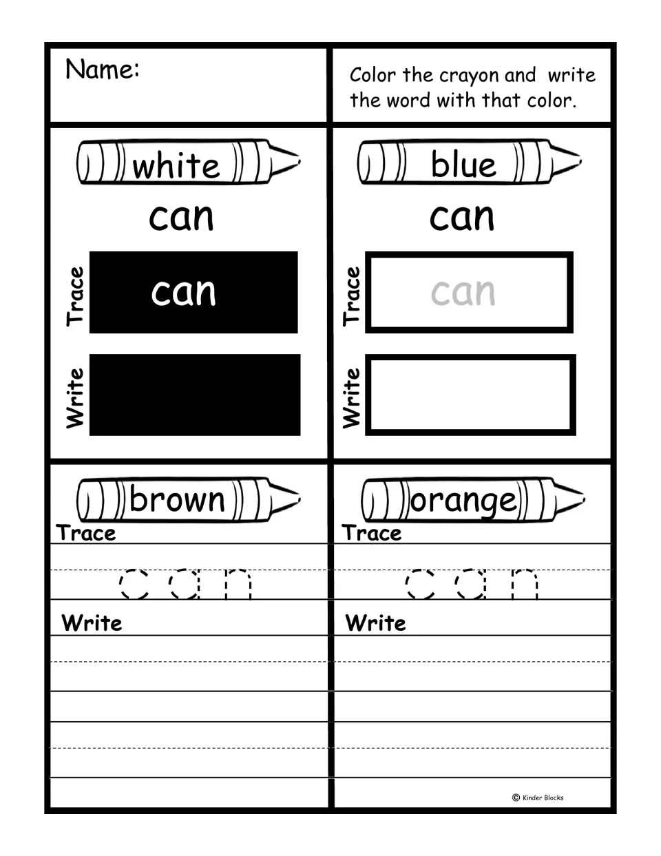 Sight word 'can' practice: color crayons white, blue, brown, and orange, then trace and write the word.