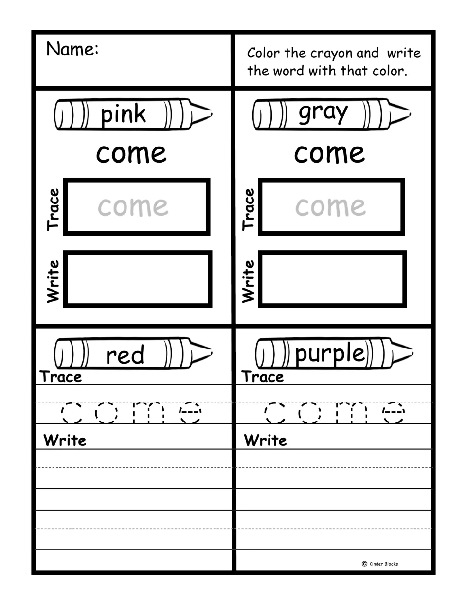 Sight word 'come' practice: color crayons pink, gray, red, and purple, then trace and write the word.