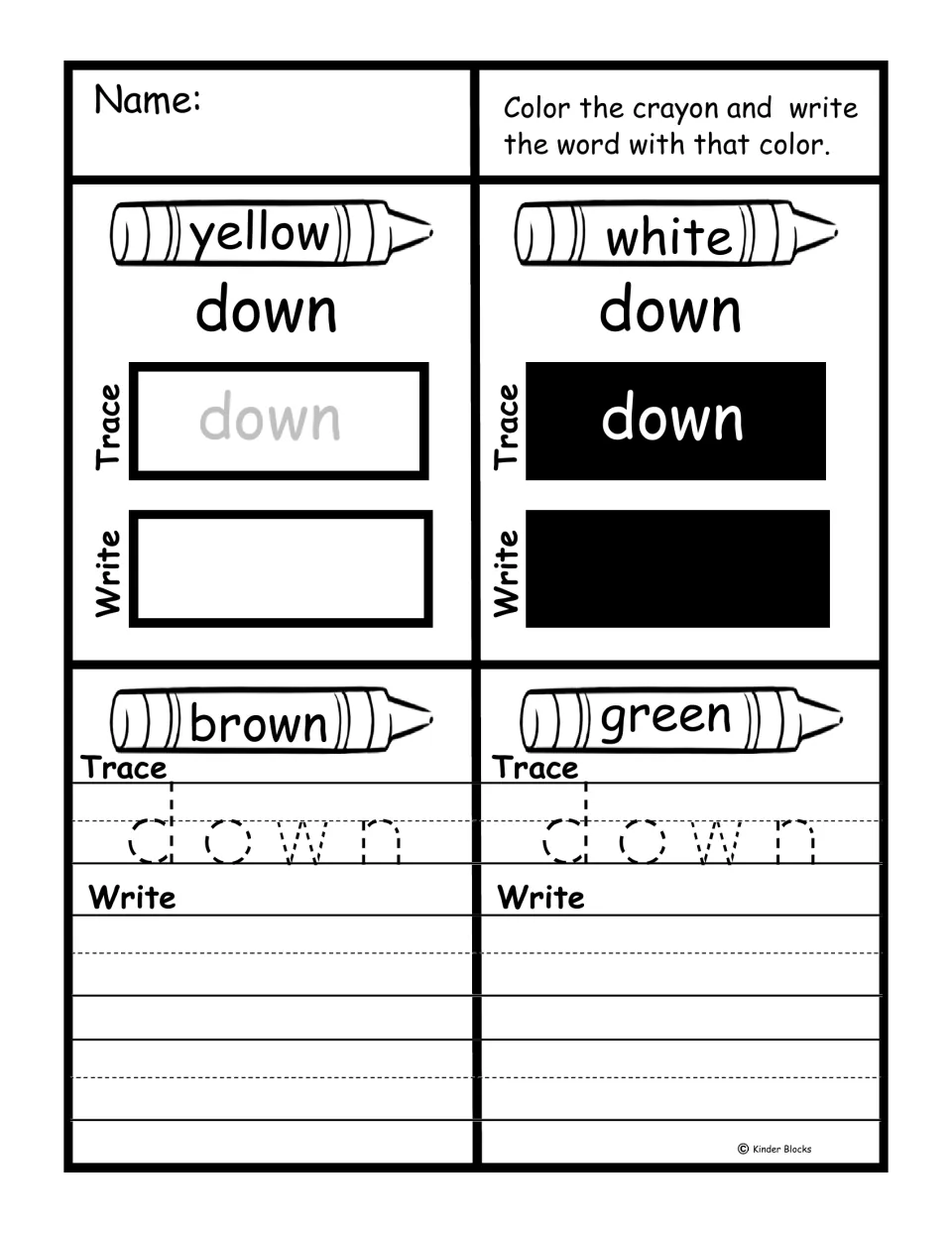 Sight word 'down' practice: color crayons yellow, white, brown, and green, then trace and write the word.