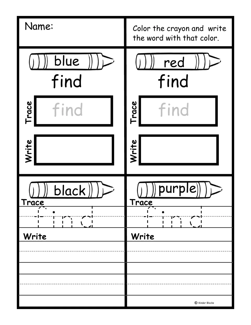 Sight word 'find' practice: color crayons blue, red, black, and purple, then trace and write the word.