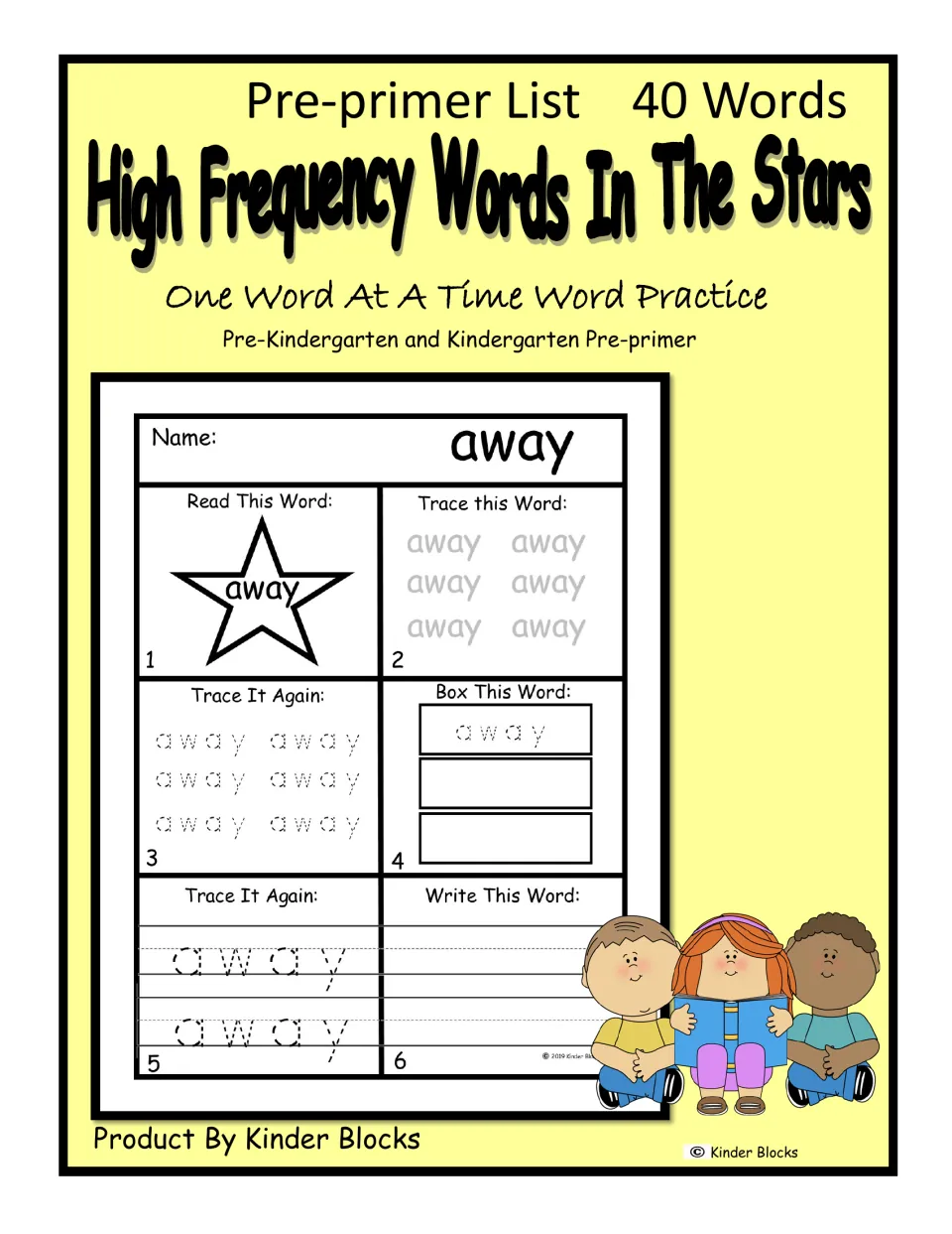 Cover of a 40-word pre-primer practice resource for pre-K and kindergarten, showing an 'away' sample