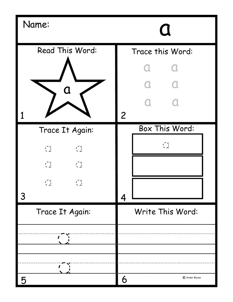 Pre-primer word practice for 'a': read the word, trace it repeatedly, and write it independently.