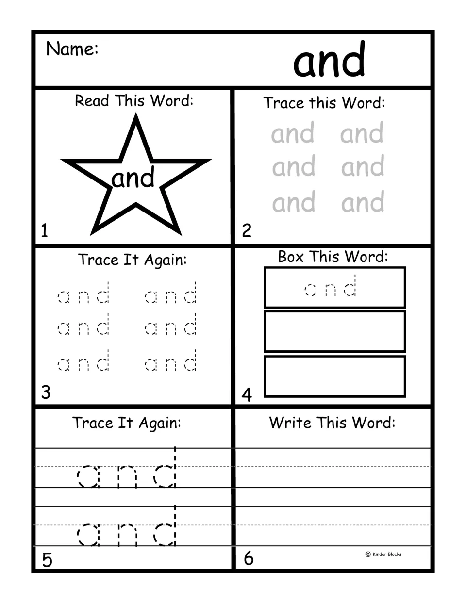 Pre-primer word practice for 'and': read the word, trace it repeatedly, and write it independently.