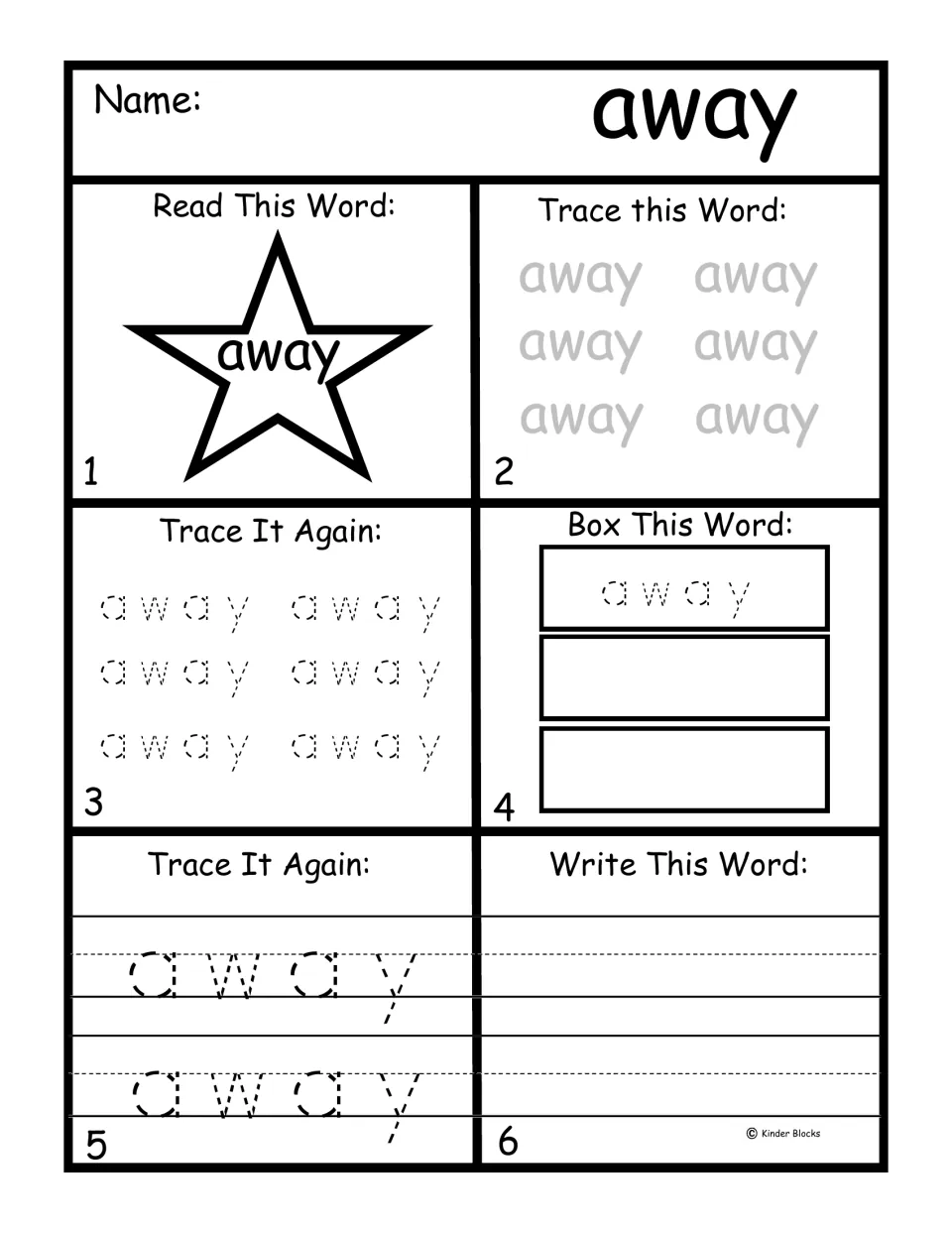 Pre-primer word practice for 'away': read the word, trace it repeatedly, and write it independently.