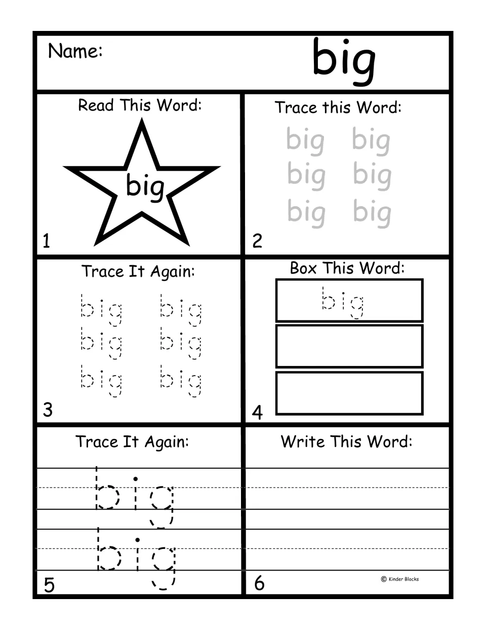 Pre-primer word practice for 'big': read the word, trace it repeatedly, and write it independently.