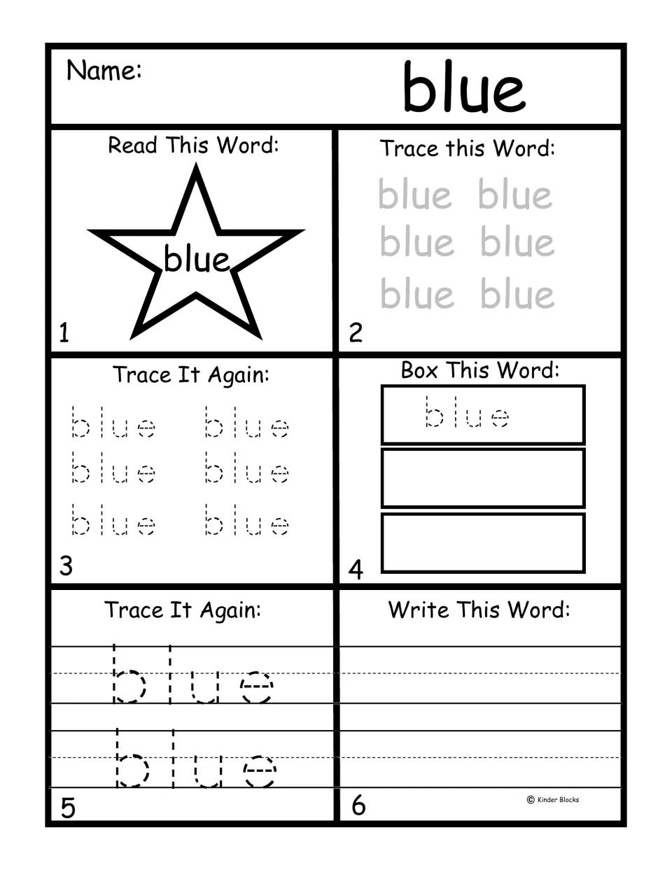 Pre-primer word practice for 'blue': read the word, trace it repeatedly, and write it independently.