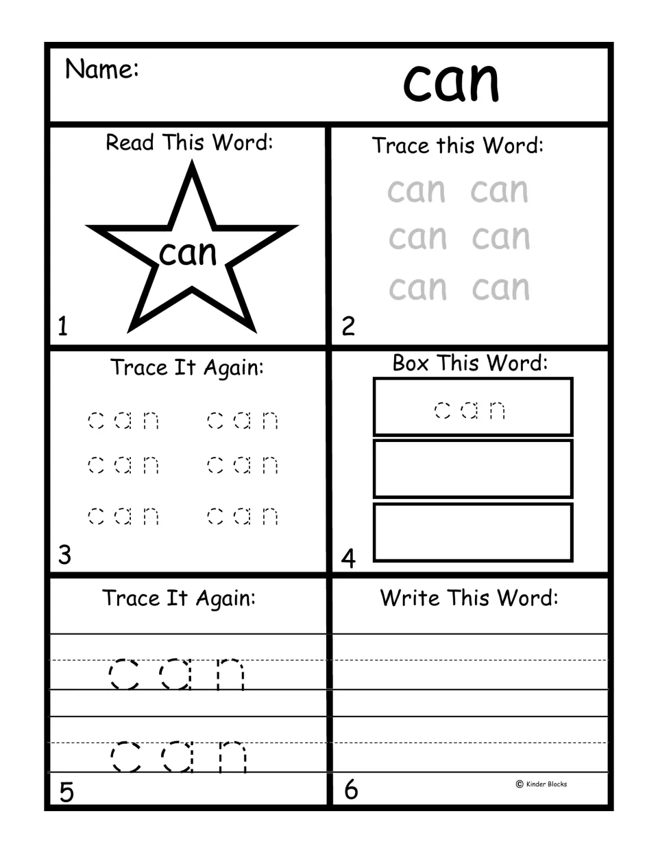 Pre-primer word practice for 'can': read the word, trace it repeatedly, and write it independently.