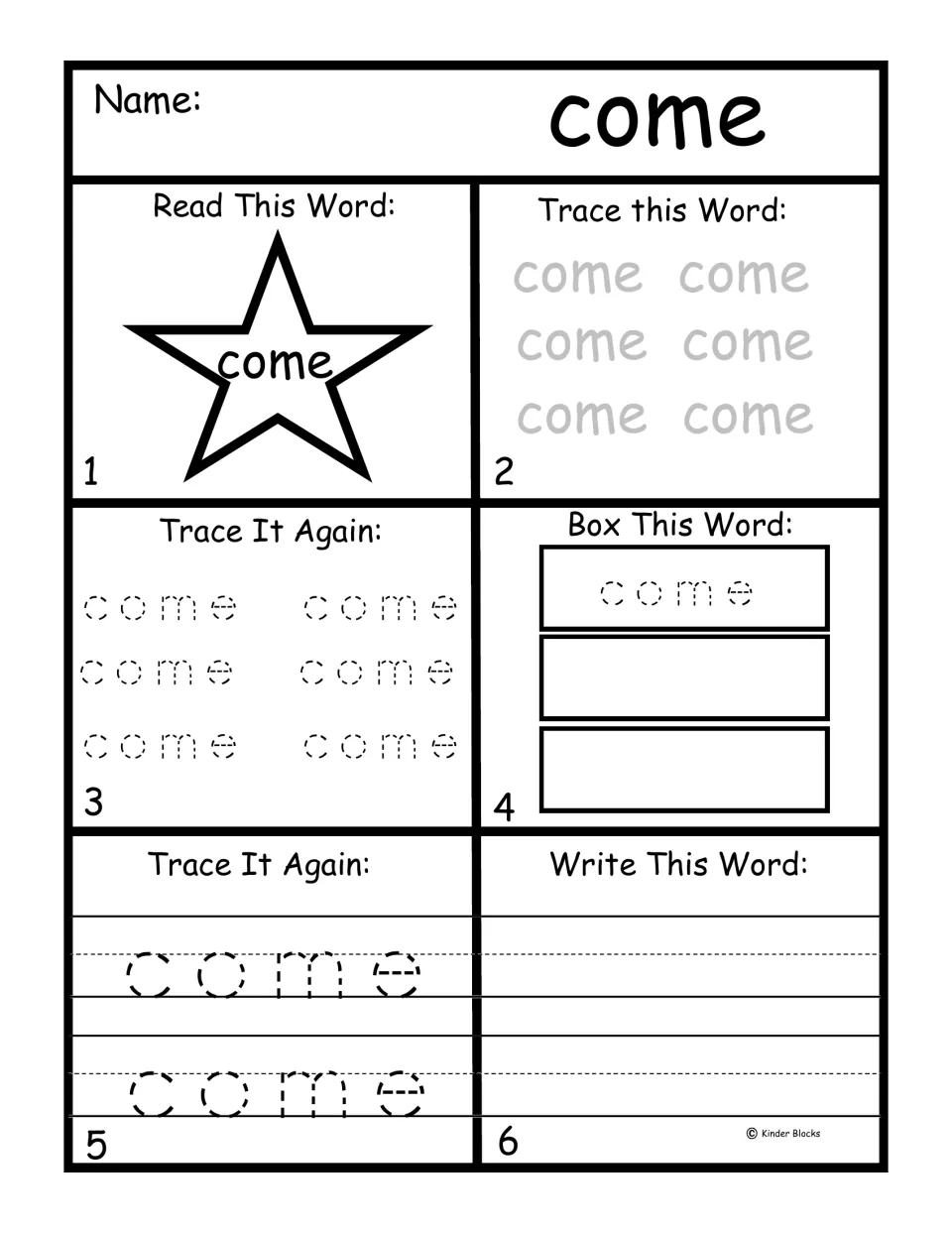 Pre-primer word practice for 'come': read the word, trace it repeatedly, and write it independently.