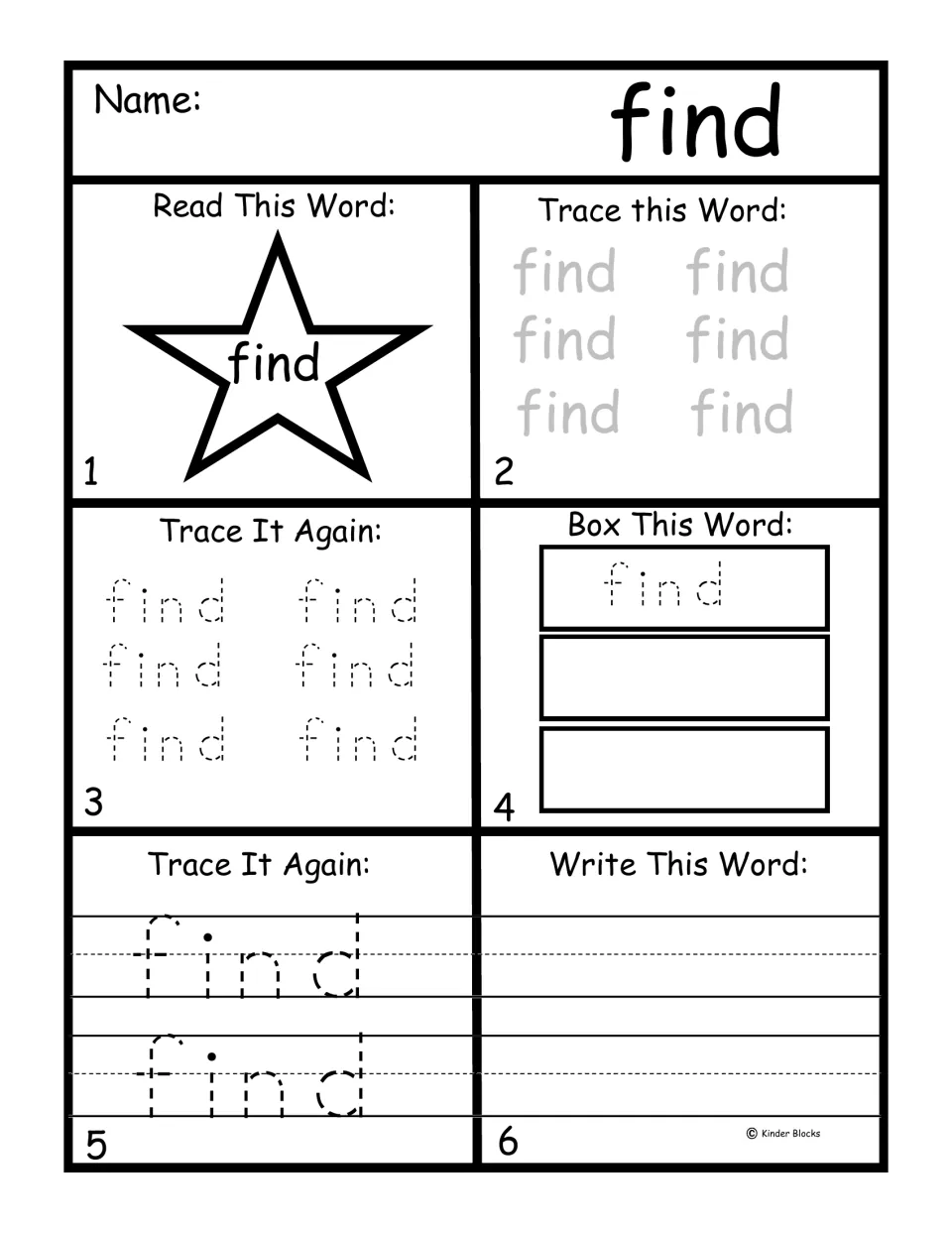 Pre-primer word practice for 'find': read the word, trace it repeatedly, and write it independently.